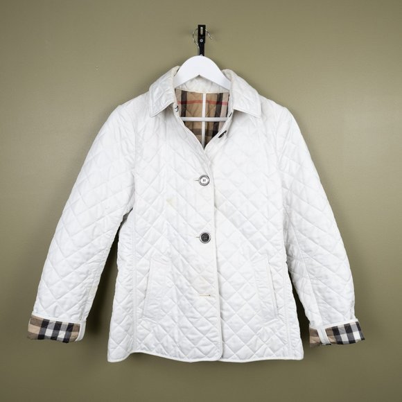 Burberry Brit white quilted puffer jacket w/ nova check lining